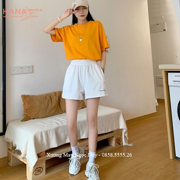 Quần short nữ cạp chun lưng thun thêu chữ túi dáng quần đùi đũi nữ ống rộng tập gym thể thao đi biển ở nhà ngủ cá tính