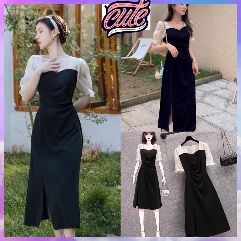Váy nữ thiết kế dự tiệc,Đầm tay phối xẻ đùi xếp ly trẻ trung, sang trọng, dễ thương