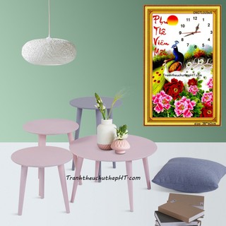 Tranh thêu chữ thập đồng hồ chim công hoa mẫu đơn Phu thê viên mãn 38*60cm - tự thêu