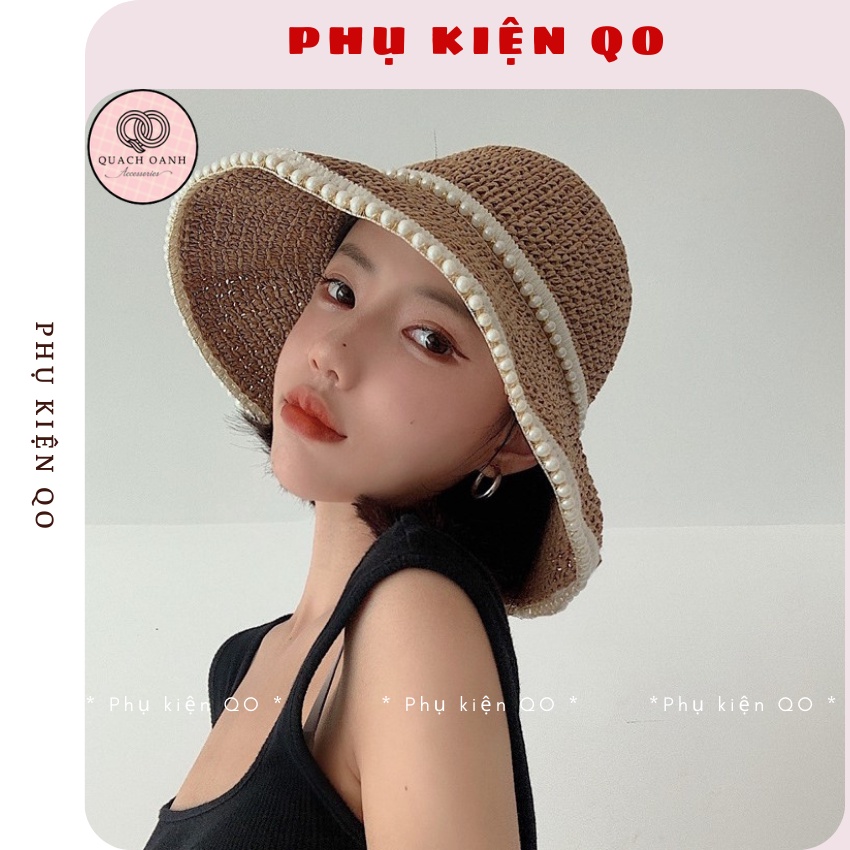 Mũ cói rộng vành , đính ngọc trai nhân tạo phong cách Vintage - MCH19