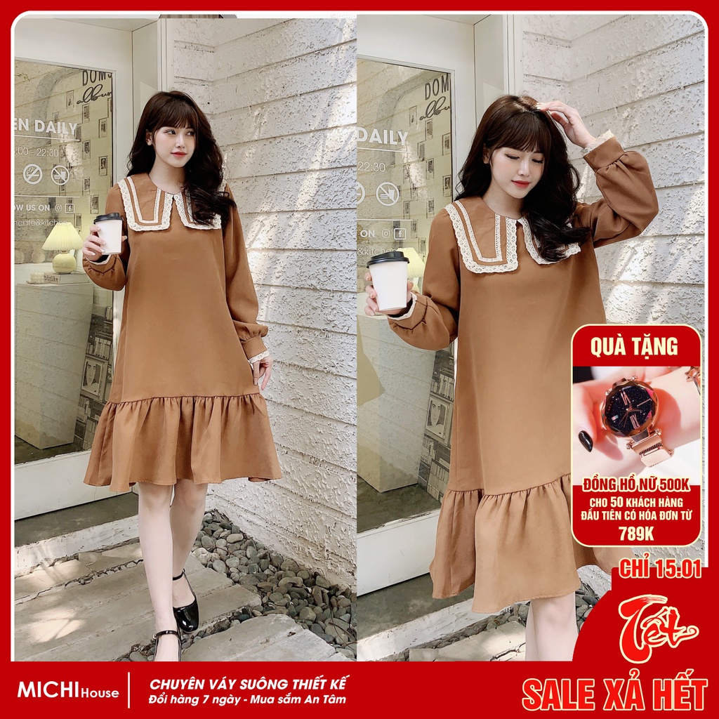 Váy Dáng Suông Rộng Đuôi Cá Freesize MICHI House Đầm Thiết Kế Dài Tay Mặc Bầu Cũng Xinh V306