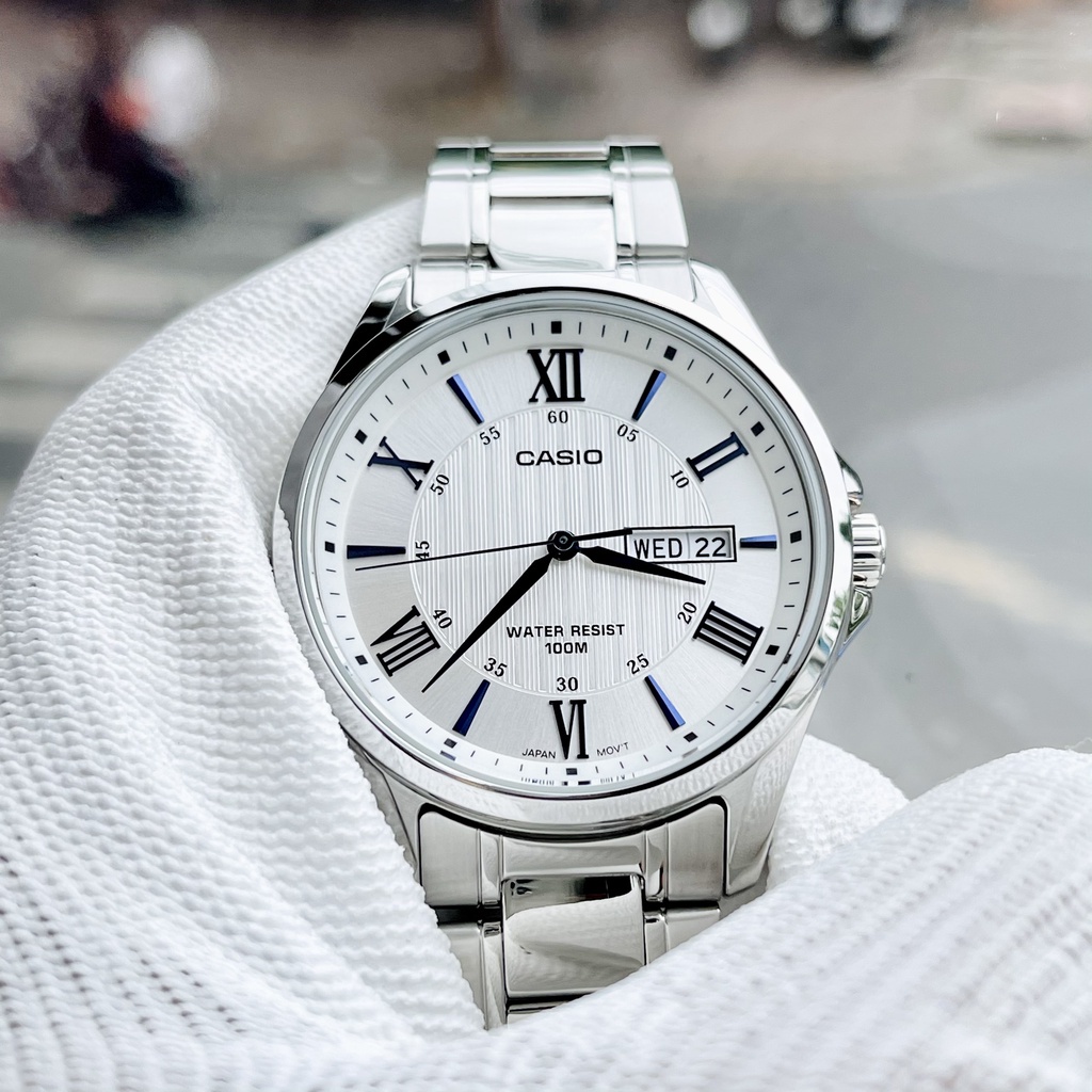 Đồng hồ Nam Casio MTP-1384D-7AV, đồng hồ chính hãng, dây bạc mặt trắng