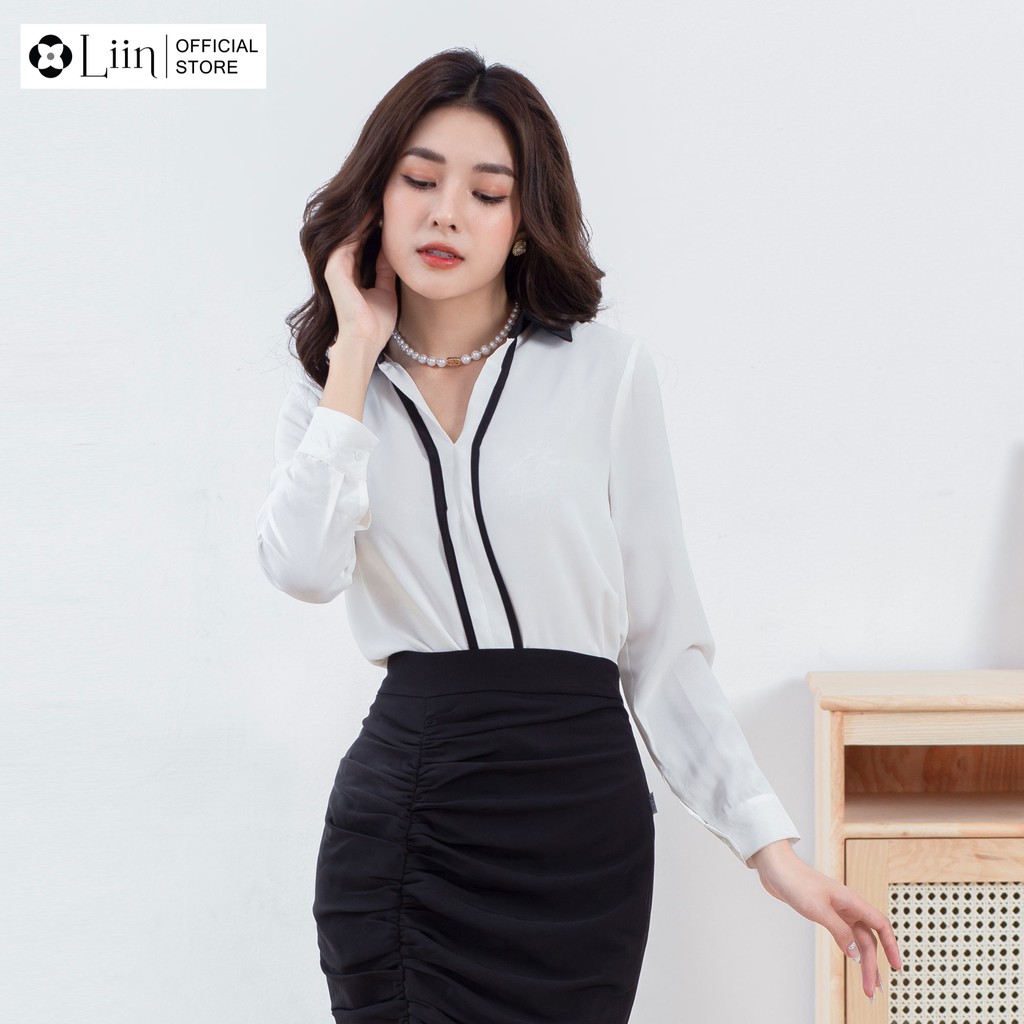 Áo sơ mi nữ đẹp màu Trắng viền đen, chất lụa thoáng mát Liin Clothing SM3173