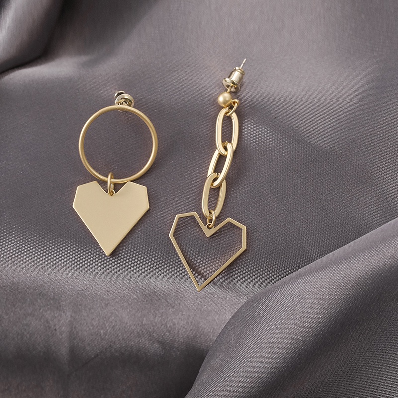 Bông Tai Mạ Bạc 925 Hình Trái Tim Rỗng Không Đối Xứng Phong Cách Hàn Quốc