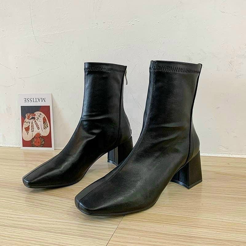 Bốt da nữ 5p, boots lửng da trơn cao cấp