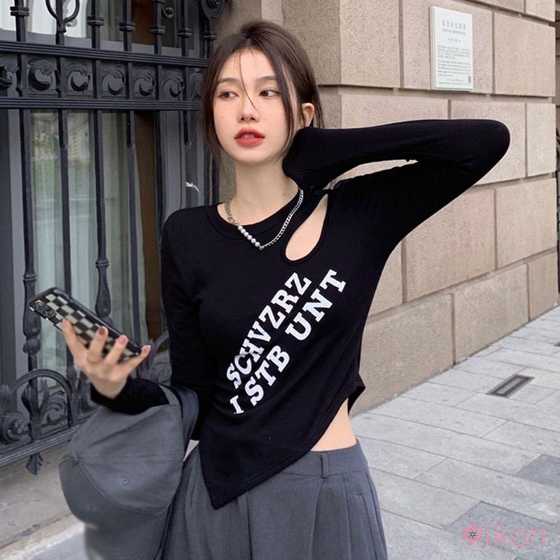 Áo Thun Lửng Tay Dài In Chữ Trẻ Trung Cho Nữ