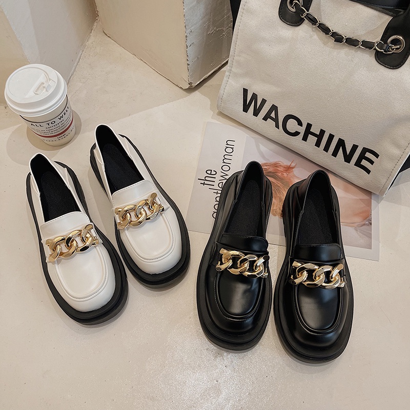 ❤Giày Lười Da Mũi Vuông Đế Dày Phối Dây Xích Kim Loại Kiểu Retro Nhật Hàn Dễ Phối Đồ Cho Học Sinh