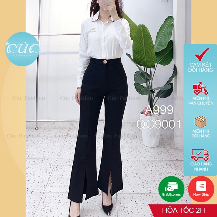 Quần ống loe Cúc Fashion quần baggy nữ lưng cao vải đẹp dày dặn dài suông xẻ trước công sở đen thời trang đi học QC9001