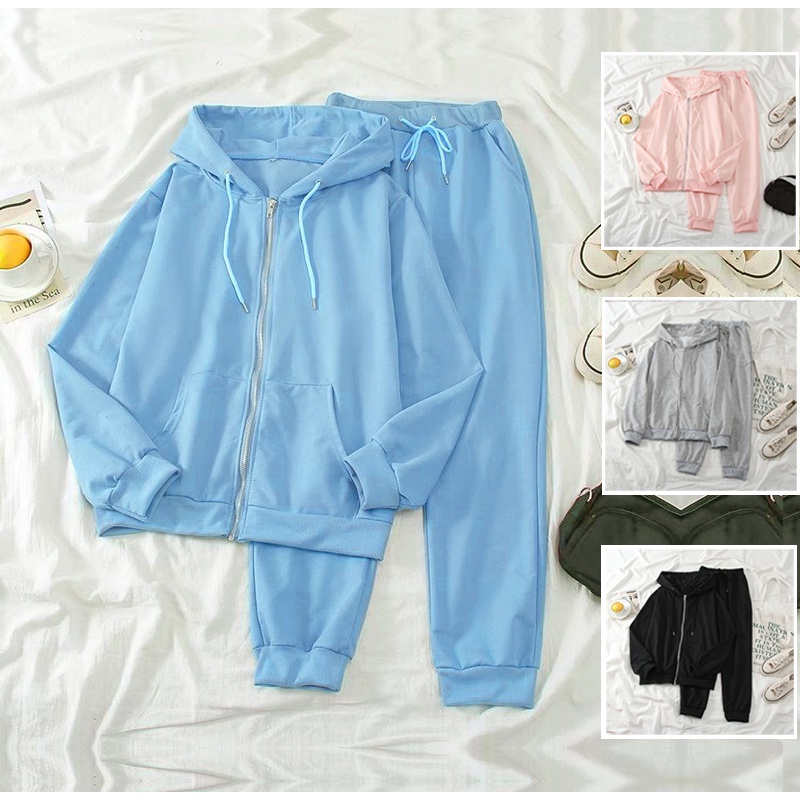 Bộ Nỉ Nữ Kéo Khóa Dài Tay Có Mũ Kèm Quần Dài Nỉ Ulzzang Thời Trang Sugal QA NU 024V1