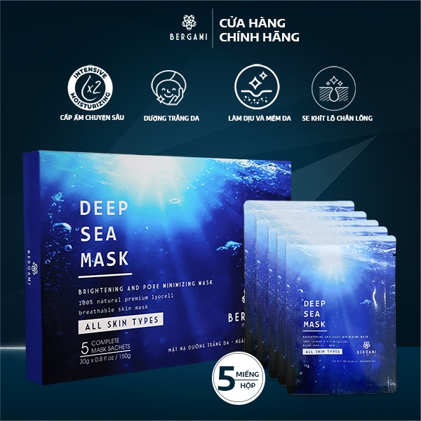 Mặt nạ cấp ẩm Bergami Deep Sea, dưỡng da, dưỡng ẩm giảm mụn trắng da giảm dầu nâng tone 30g [Hộp 5 miếng]