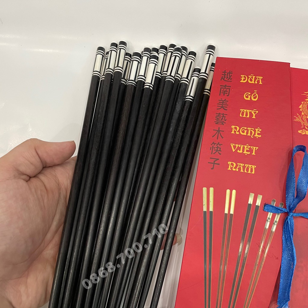 Bộ 10 đôi Đũa ăn gỗ Mun cao cấp đầu tròn gắn Ốc biển Trắng -- đũa ăn cao cấp  -- có bảo hành sản phẩm