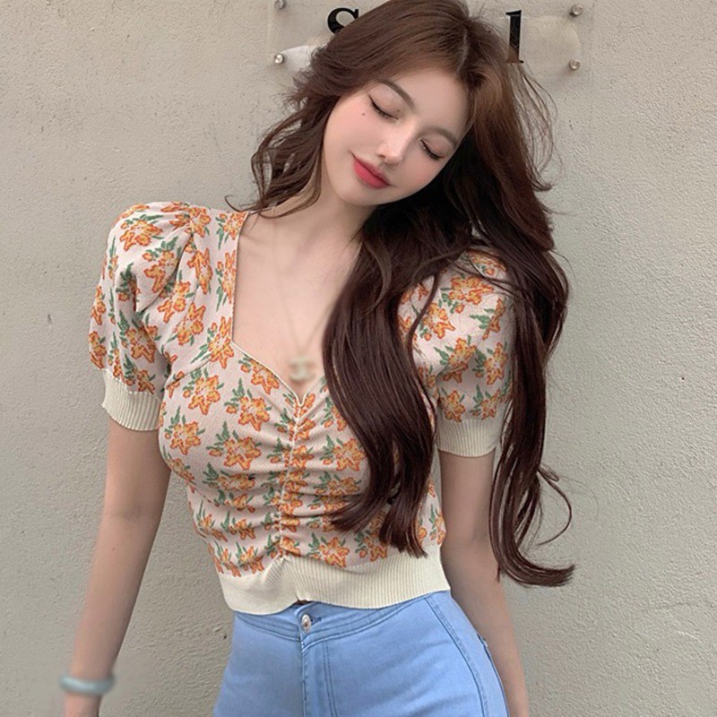 Áo Lửng Ngắn Tay In Họa Tiết Hoa Quyến Rũ Dành Cho Nữ