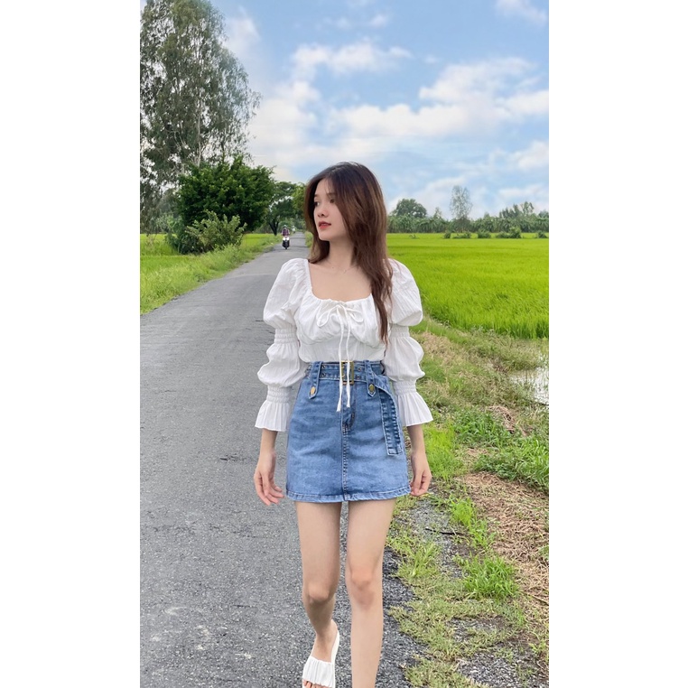 Áo kiểu tay dài cổ vuông cột nơ, áo trễ vai tay bồng ,áo bánh bèo babydoll chất đũi mềm siêu xinh PLA39