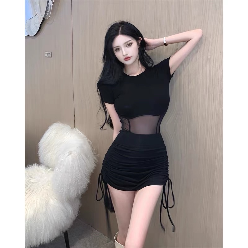Set tách lẻ- Có sẵn- Áo thun phối lưới sexy, chân váy rút