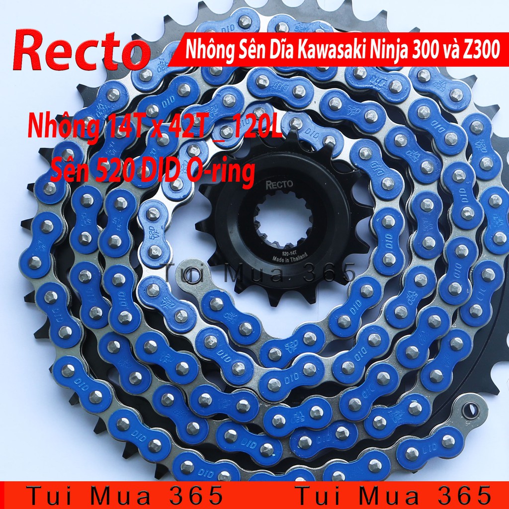 Nhông Sên Dĩa Recto Kawasaki Z300 và Ninja 300 Sên Màu 120L DID 520VF Phốt Cao Su Thái Lan 14T x 42T