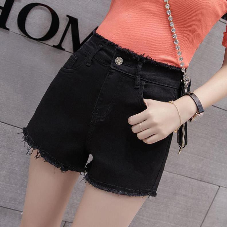 Quần jean✘⊕Thun ôm lưng trung mùa hè co giãn cao Quần short denim nữ màu trắng hot với viền thô và lỗ đen  ྇