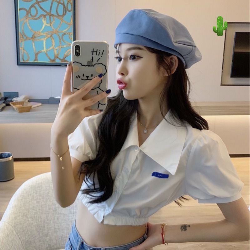 Áo sơ mi Ngắn CROPTOP bo eo chun thêu LÔ GÔ tay ngắn PC