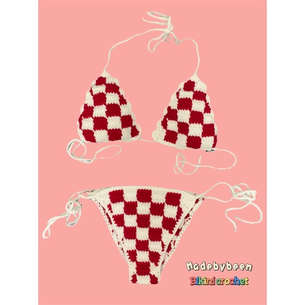 Set bikini len móc handmade họa tiết checkerboard đi biển - ÁO MANG ĐƯỢC 2 CÁCH - ẢNH THẬT FEEDBACK
