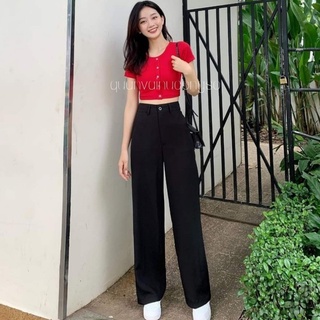 Quần ống rộng lưng cao đi học khóa trước 1 khuy cài màu đen dáng suông dài Quần vải ống rộng cạp cao nữ công sở ống đứng