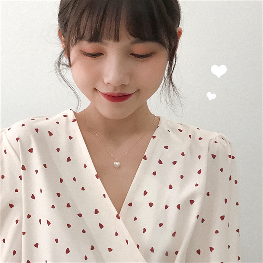 Dây Chuyền Mặt Trái Tim Đính Ngọc Trai Nhân Tạo Phong Cách Hàn Quốc Love Pendant Chain Necklaces