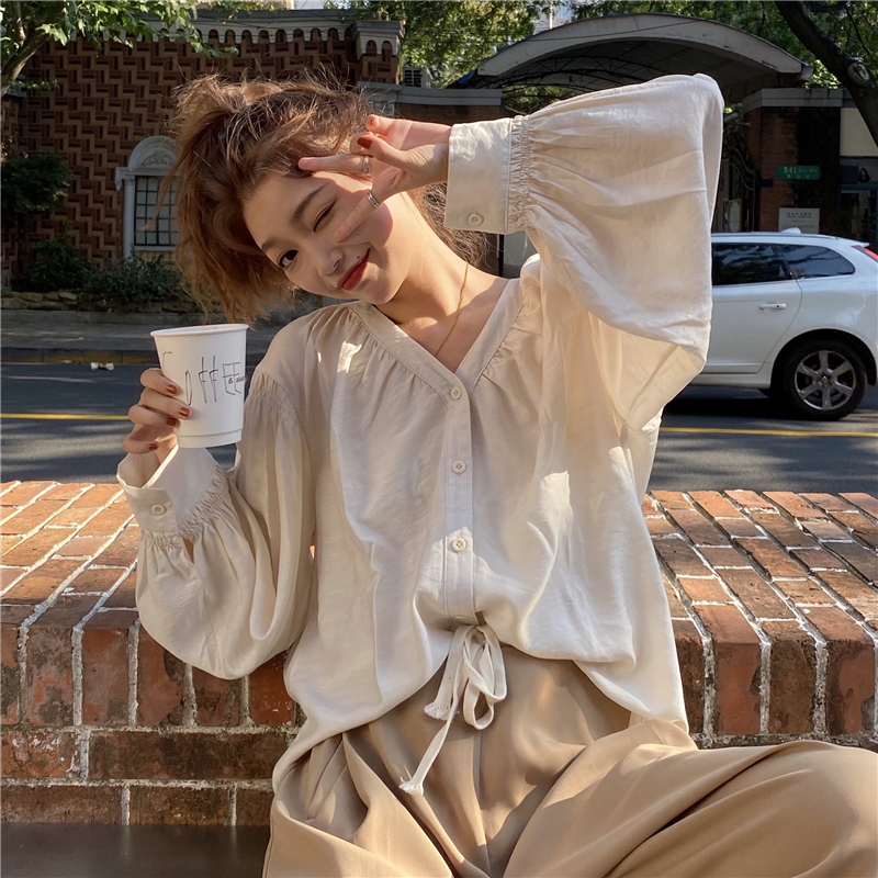 Áo kiểu tay dài cổ chữ V màu trơn thanh lịch 37798