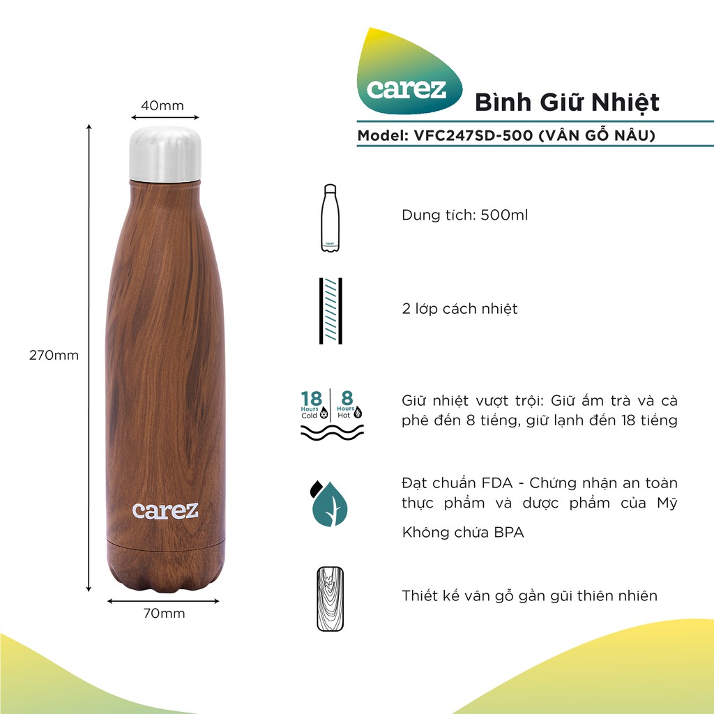 BÌNH GIỮ NHIỆT CAREZ Nguồn cảm hứng từ thiên nhiên 500ML Teak Wood VFC247SD-500 | BigBuy360 - bigbuy360.vn