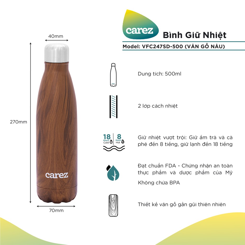 BÌNH GIỮ NHIỆT CAREZ Nguồn cảm hứng từ thiên nhiên 500ML Teak Wood VFC247SD-500