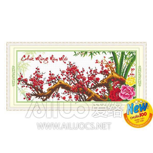 Tranh Thêu Chữ Thập Chúc Mừng Năm Mới - Cành Đào, Mẫu Đơn < 51393 > Chưa Thêu