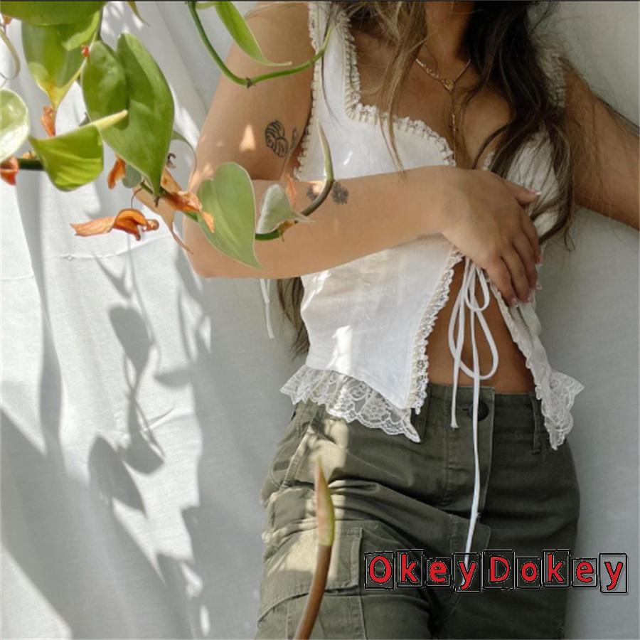 Áo Hai Dây Cổ Chữ V Phối Ren Ôm Dáng Phong Cách Vintage Cho Nữ