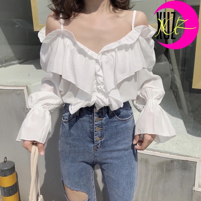 A11 Áo Rớt Vai 2 Dây Bèo Tay Dài Bo Chun
