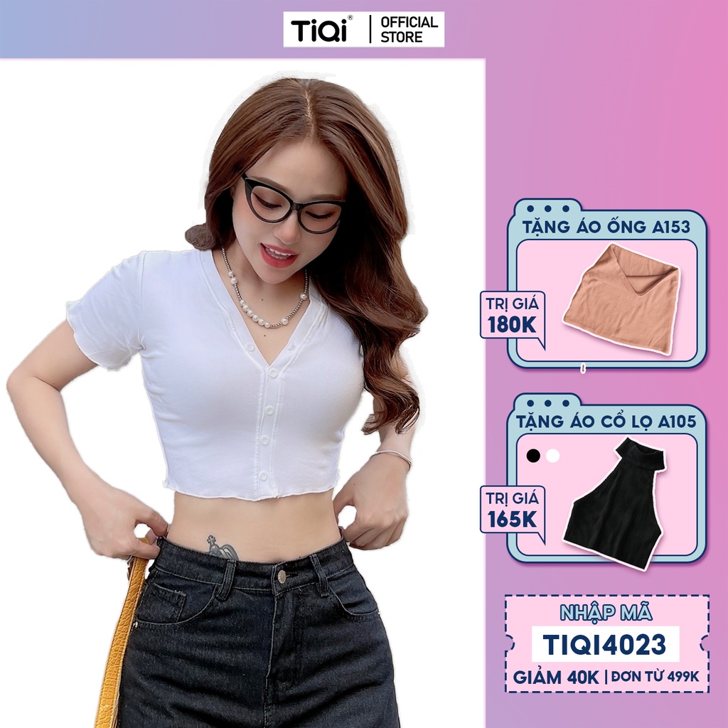 Áo croptop thun tay ngắn cổ tròn nút giữa nhiều màu TiQi Jeans A102