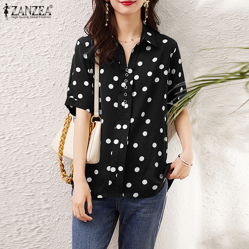 ZANZEA Áo Sơ Mi Nữ Tay Ngắn Cổ Bẻ Họa Tiết Chấm Bi Thời Trang