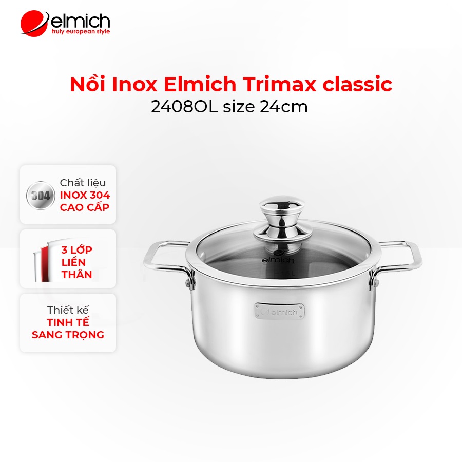 [Mã LIFECPMALL giảm 12% đơn 250K] Nồi Inox 3 lớp đáy liền Elmich Trimax classic 2408OL size 24cm