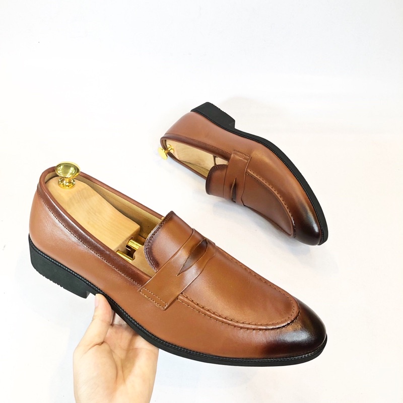 Giày Loafer OneMan da bò thật đế cao su - Da nhập khẩu nguyên tấm loại 1, tl033 tl033n bảo hành 12 tháng