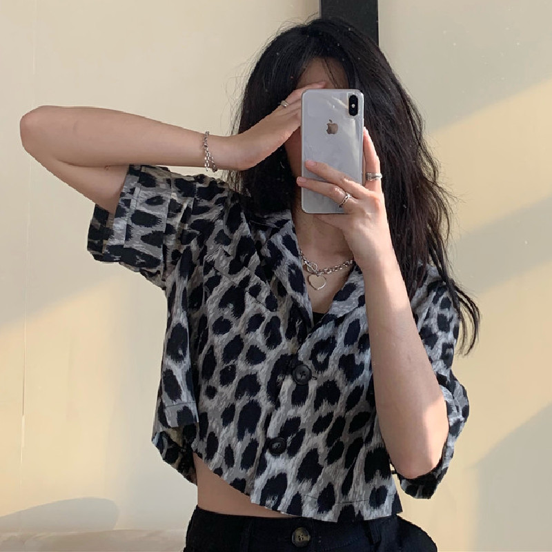 Áo Kiểu Tay Ngắn Cổ Chữ V Hoạ Tiết Da Báo Thời Trang Mùa Hè