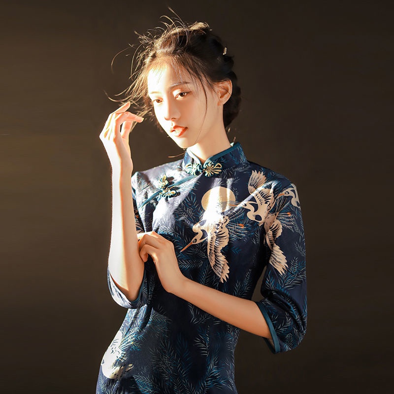 Improved cheongsam dress improved cheongsam cheongsam large size improved cheongsam dress 2022 new modified cheongsam Republic of China retro high-end elegant slimming spring and autumn summer mid-length dress for mothers zAcN