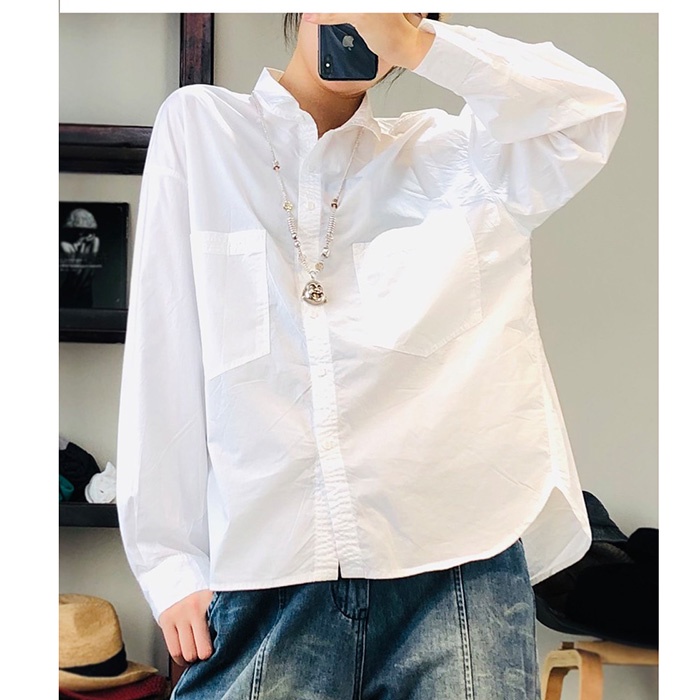 Áo sơ mi nữ dài tay form rộng chất thô cotton, có 3 màu lựa chọn (Xanh dương, Trắng, Đen)