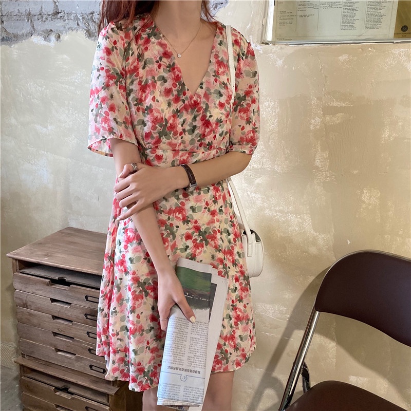 Đầm hoa SUXI tay ngắn cổ chữ V dáng chữ A phong cách cổ điển đơn giản thời trang mùa hè cho nữ