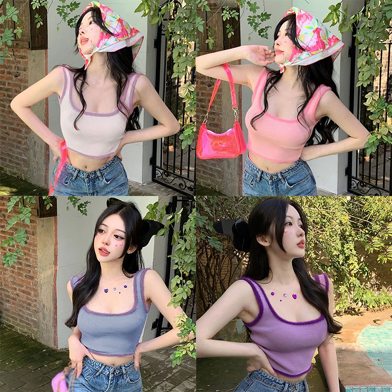 Áo Croptop Dệt Kim Cổ Tròn Phong Cách Hàn Quốc Cho Nữ