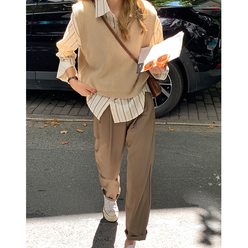 Áo sơ mi sọc tay dài/ áo không tay cổ V/ quần dài ống rộng lưng cao thời trang cho nữ 46294