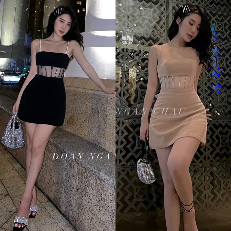 Đầm dự tiệc đen kem nude ngắn ôm body 2 dây đính cườm, thời trang đi chơi dự tiệc sinh nhật quyến rũ gợi cảm sang trọng