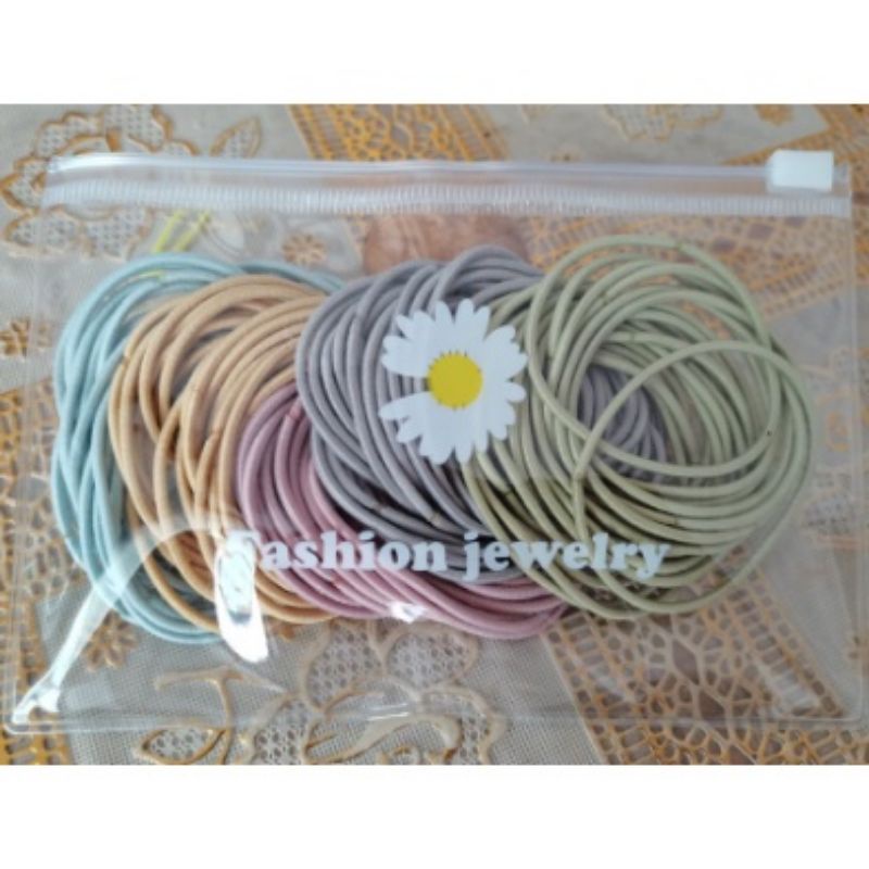 Set 100 Dây Buộc Tóc Mix Nhiều Màu Siêu Xinh Kèm Túi Zip Hoa Cúc Trong Suốt