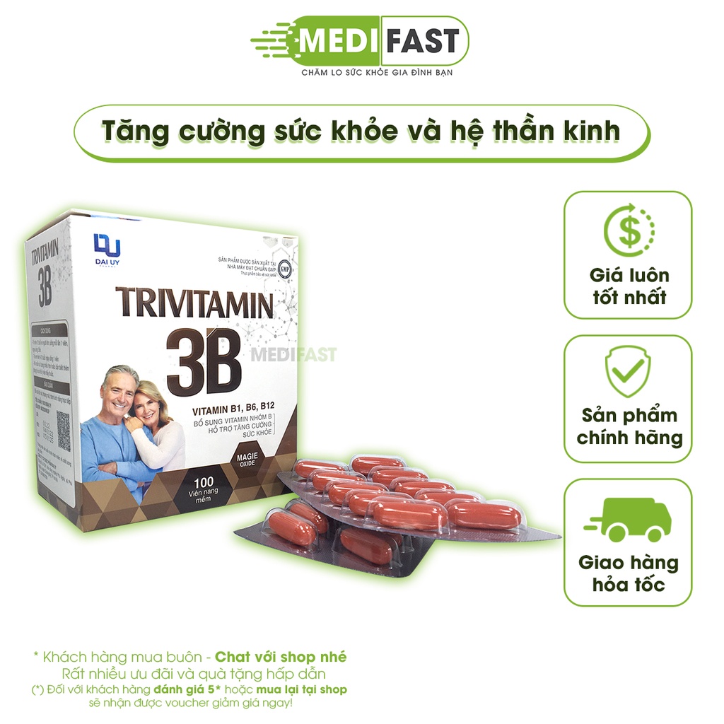 Viên uống Vitamin 3B - bổ sung vitamin B1 B6 B12 giúp bồi bổ sức khỏe - Hộp 100 viên nang thêm dầu đậu nành