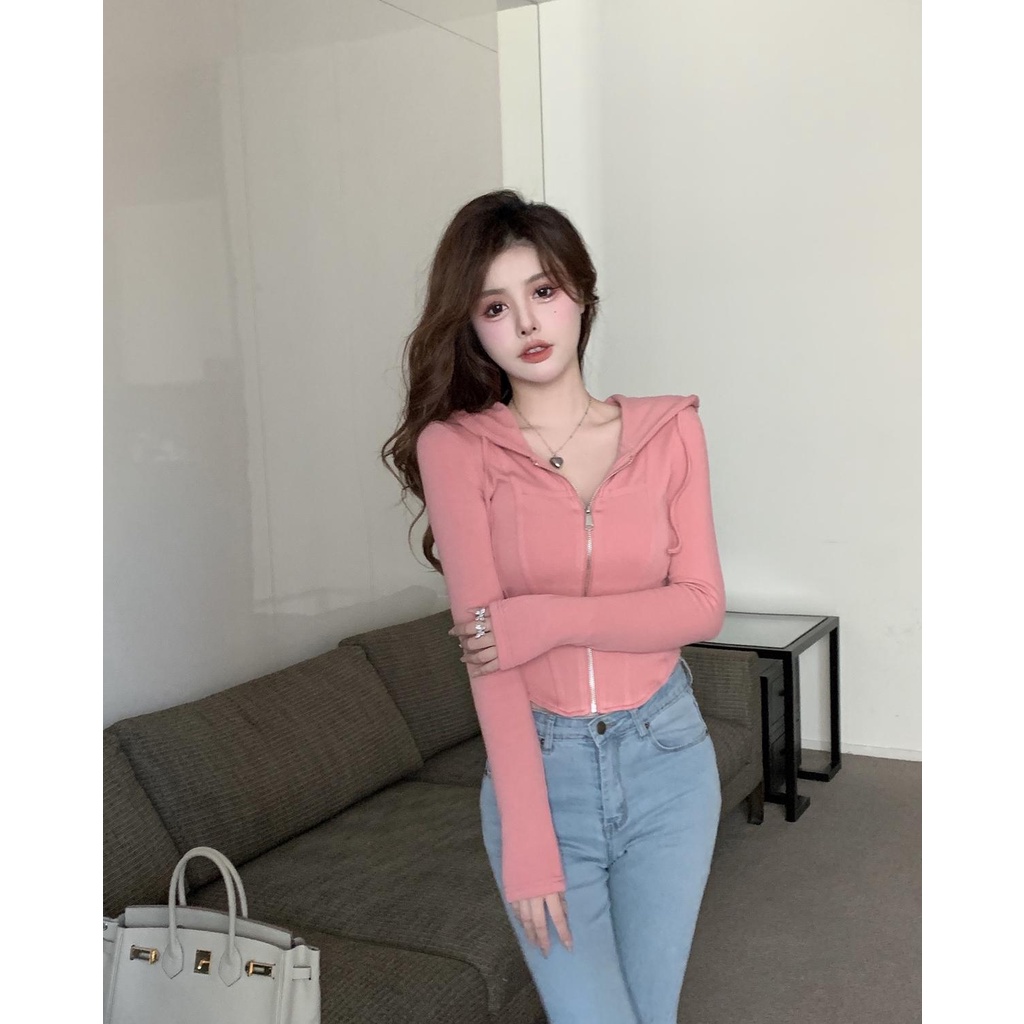 Áo Khoác Hoodie Tay Dài Dáng Ôm Có Khóa Kéo Màu Hồng Thời Trang Xuân Thu Phong Cách Hàn Quốc Cho Nữ