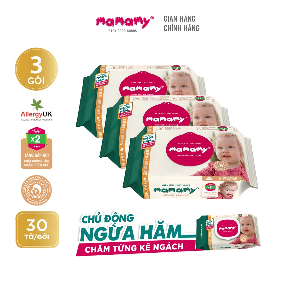 Combo 3 Khăn giấy ướt 30 tờ chủ động ngừa hăm/x2 chất ngừa hăm Mamamy Không mùi/Mùi dịu nhẹ an toàn cho bé