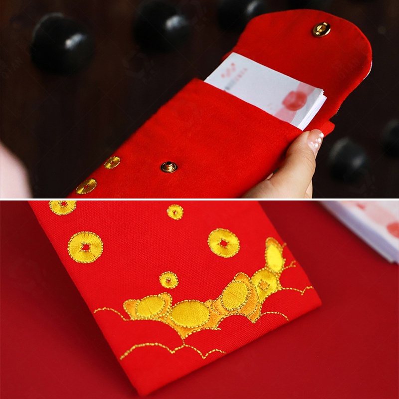 Bao Lì Xì Màu Đỏ Thêu Họa Tiết Thổ Cẩm Trang Trí Năm Mới
