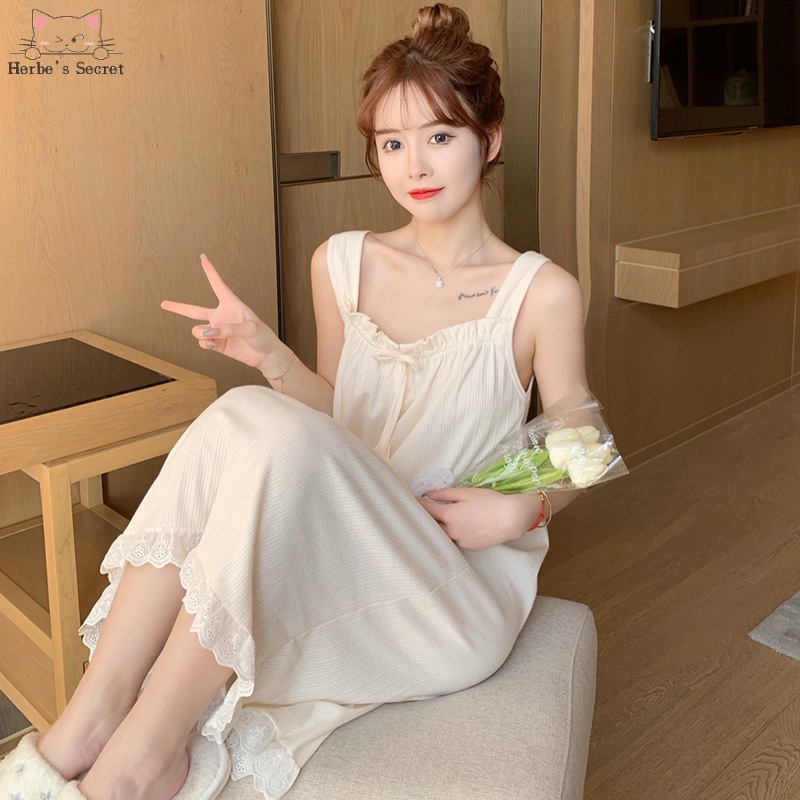 Đầm Ngủ Chất Cotton Mỏng Nhẹ Màu Trơn Dễ Thương Thời Trang Mùa Hè Cho Nữ