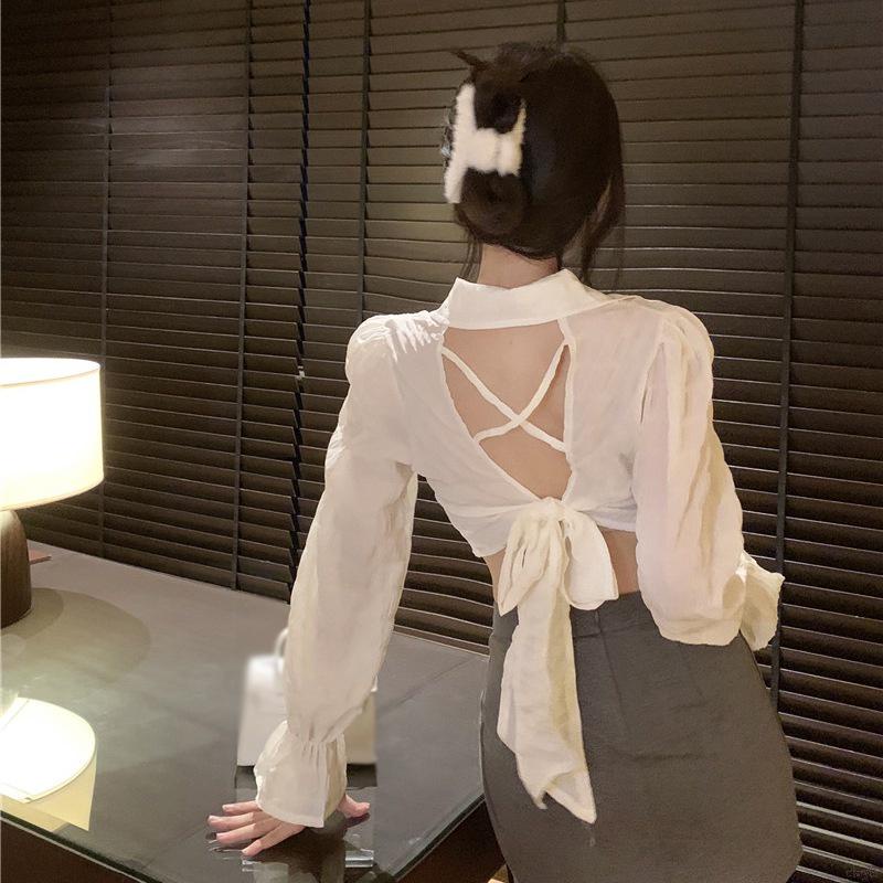Áo croptop tay dài phối nơ thời trang cho nữ