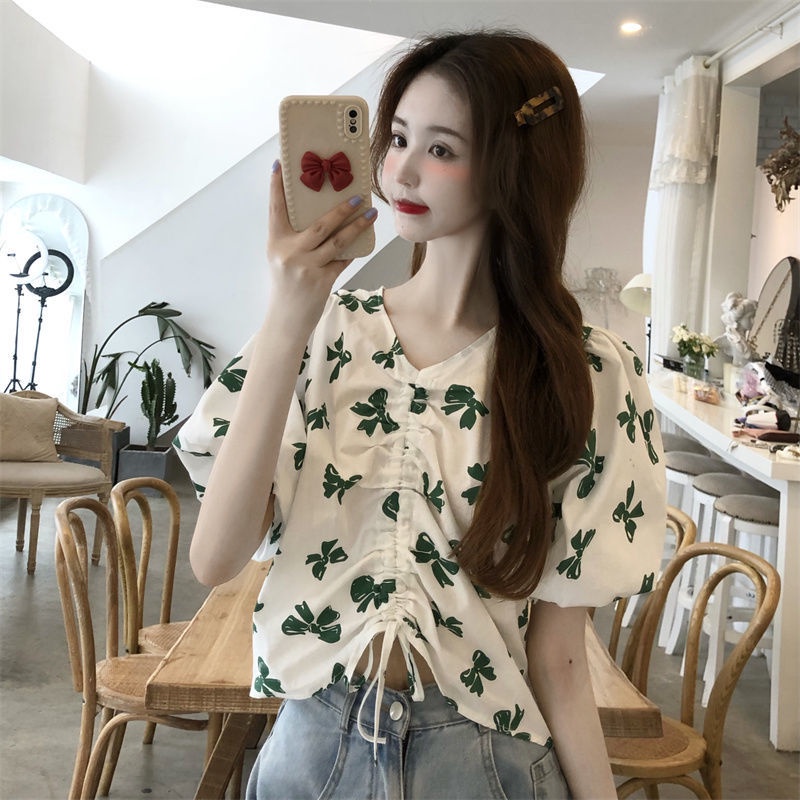 Áo Sơ Mi Tay Ngắn Cổ Chữ V Phối Dây Rút Thời Trang Mùa Hè 2022 Mới Phong Cách Hong Kong Cho Nữ