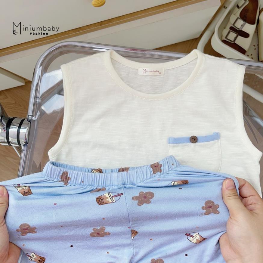 Bộ ba lỗ MiniumBaby cho bé trai, bé gái thêu túi ngực 100% cotton cho bé gái mặc hè thoáng mát, quần áo trẻ em -SB1240